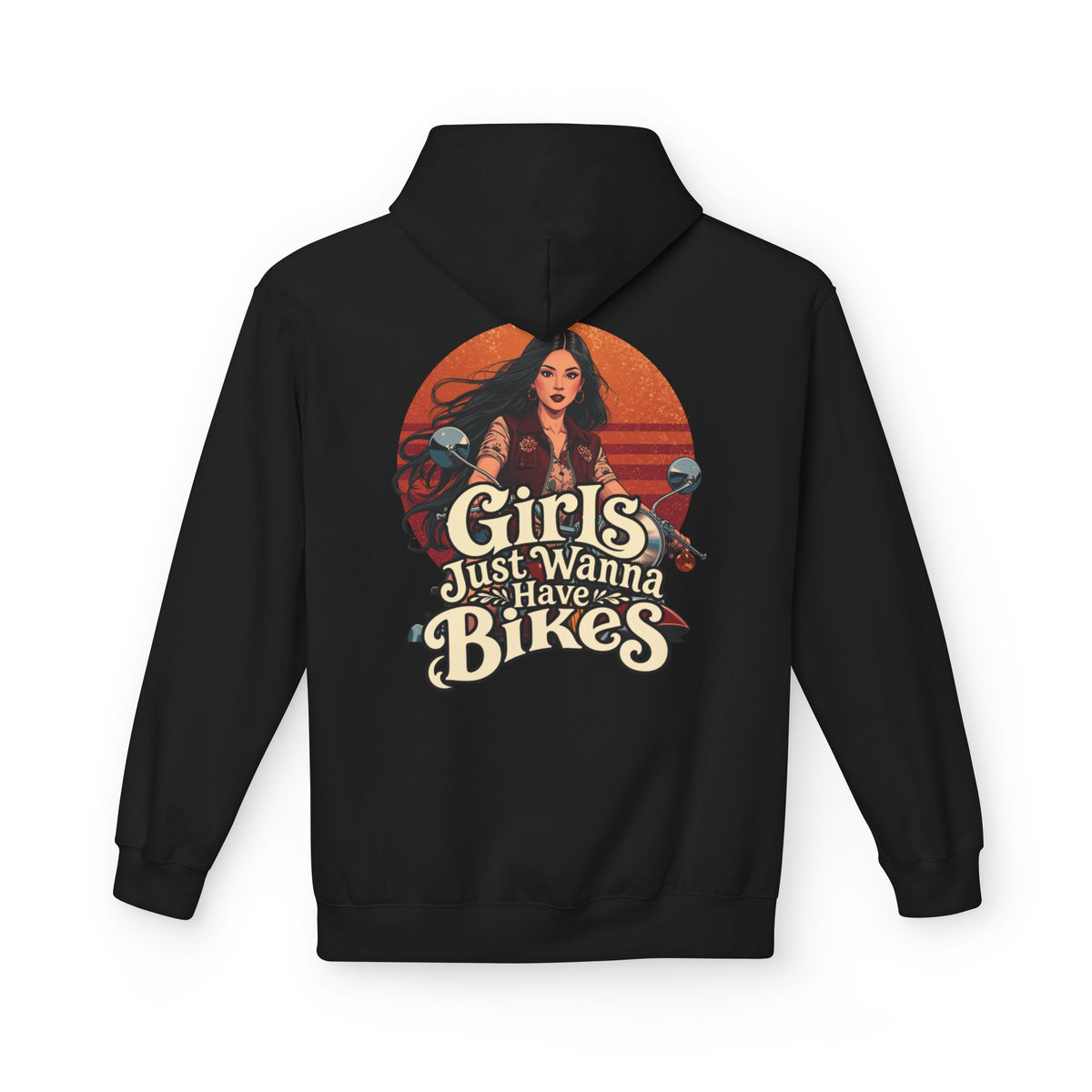 A black pullover hoodie shown from the back, featuring a large graphic print with the text 'Girls Just Wanna Have Bikes' and an illustration of a woman against an orange circular sunset.