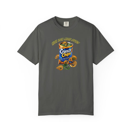 A dark gray crewneck t-shirt featuring a colorful graphic print of a bag of Crunch-Chips with the text 'with 20% more bytes' and illustrations of chips and avocado chips.