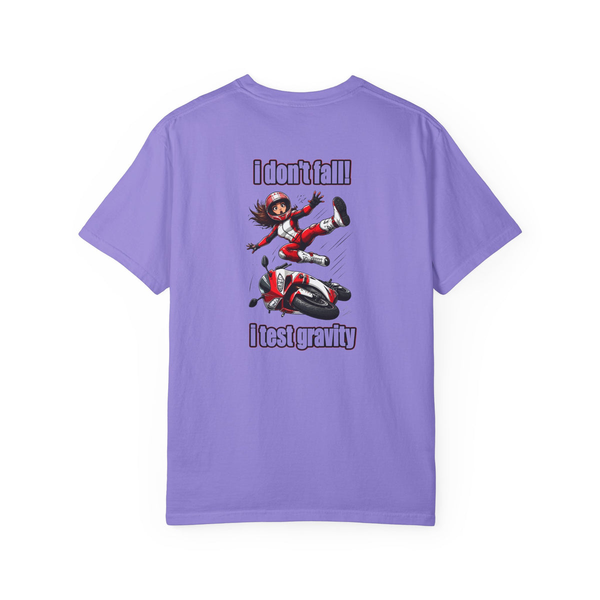 A purple short-sleeve t-shirt with a graphic print on the back showing an anime-style girl falling off a motorcycle with the text 'I don't fall! I test gravity'.