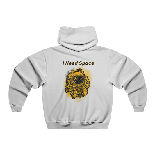 A white hoodie shown from the back, featuring a yellow graphic of an astronaut with the text 'I Need Space' above it, displayed on a clean white background.