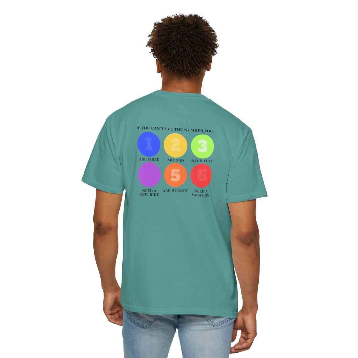 A man wearing a teal green short-sleeve t-shirt with a colorful graphic on the back. The graphic features six colored circles (blue, yellow, green, purple, orange, red) numbered 1 through 6, with text reading 'IF YOU CAN'T SEE THE NUMBER, YOU: 1 Are Tired 2 Are sad 3 Need Love 4 Need a new bike 5 Are hungry 6 Need a vacation'