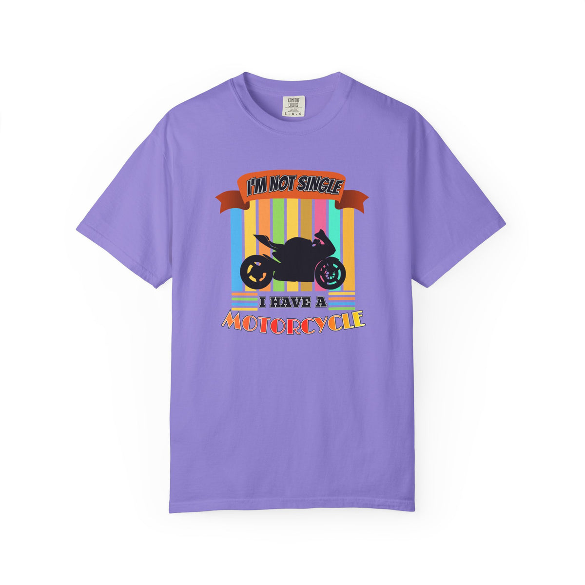 A purple short-sleeve crewneck t-shirt featuring a motorcycle graphic with the text 'I'M NOT SINGLE I HAVE A MOTORCYCLE' on a white background.