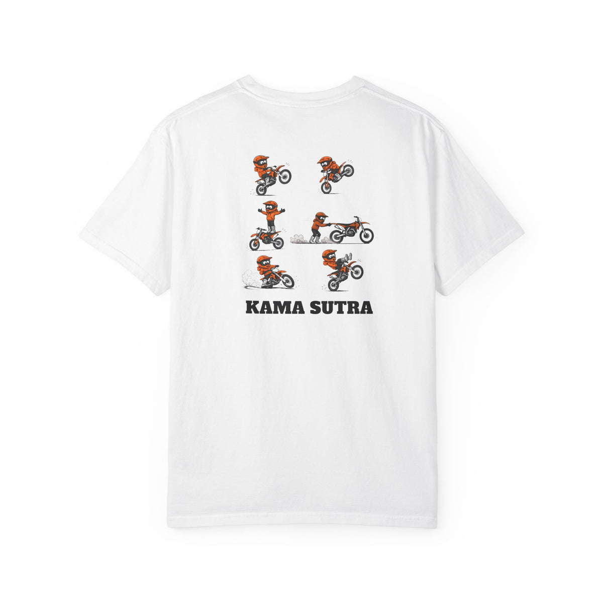 A white short-sleeve t-shirt with a graphic print on the front. The graphic features a sequence of six cartoon illustrations of a person riding a dirt bike in orange and black, with the text 'KAMA SUTRA' printed below in black.