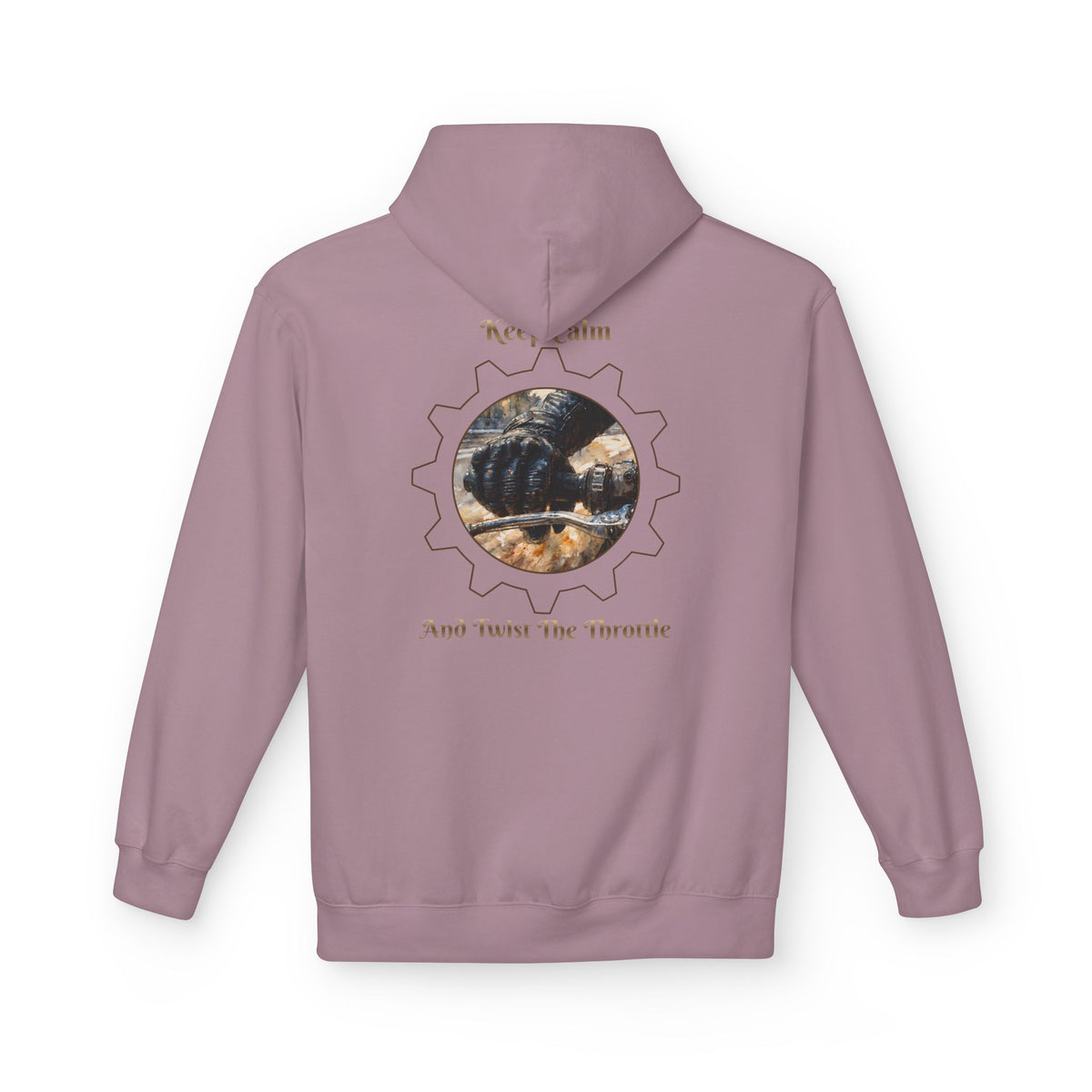 A purple hoodie with a biker hand on the throttle design and the text "KEEP CALM AND TWIST THE THROTTLE" printed on the back