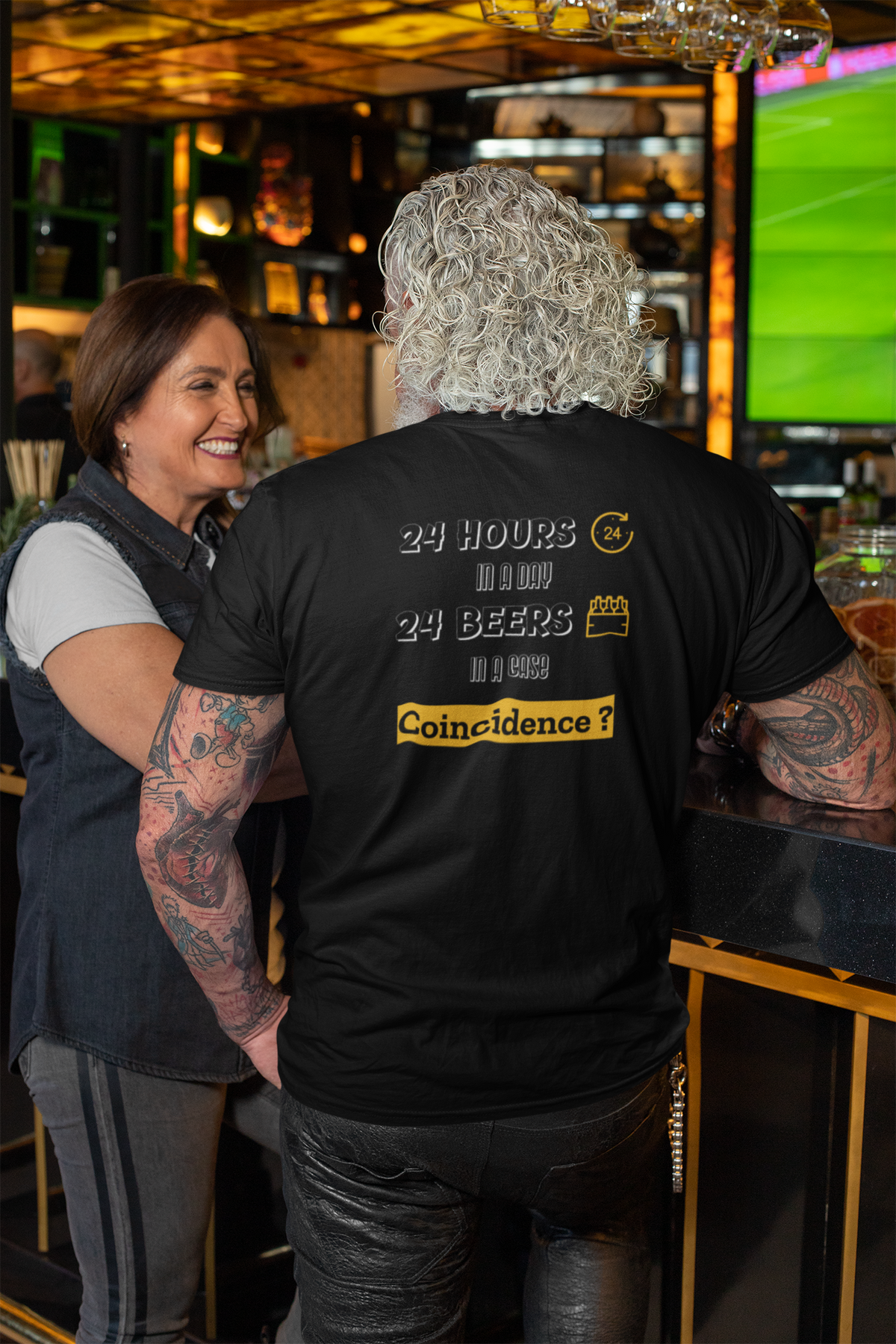 “24 Hours in a day 24 Beers in a case Coincidence?” Graphic Tee back print
