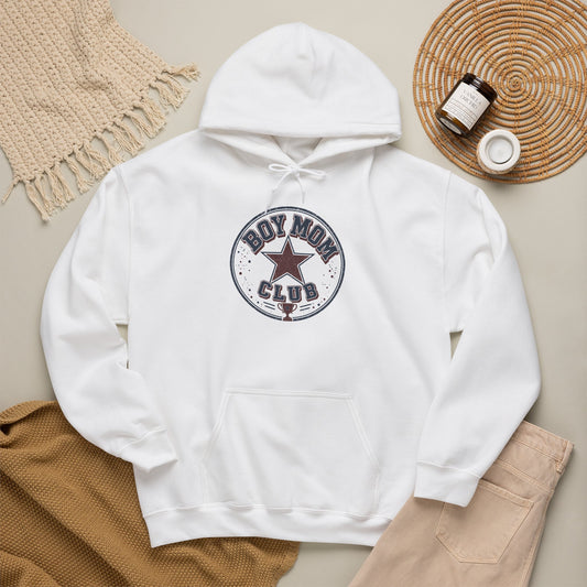 A white hoodie with a boy mom club badge printed on the front
