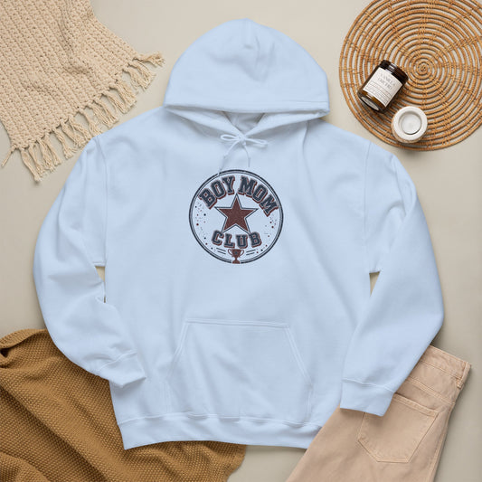 A white hoodie with a boy mom club badge printed on the front