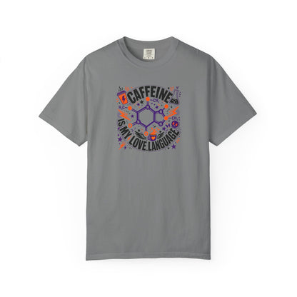 A gray shot-sleeve tshirt with the text "CAFFEINE IS MY LOVE LANGUAGE" and blend of chemical structure art and coffee iconography,printed on the front