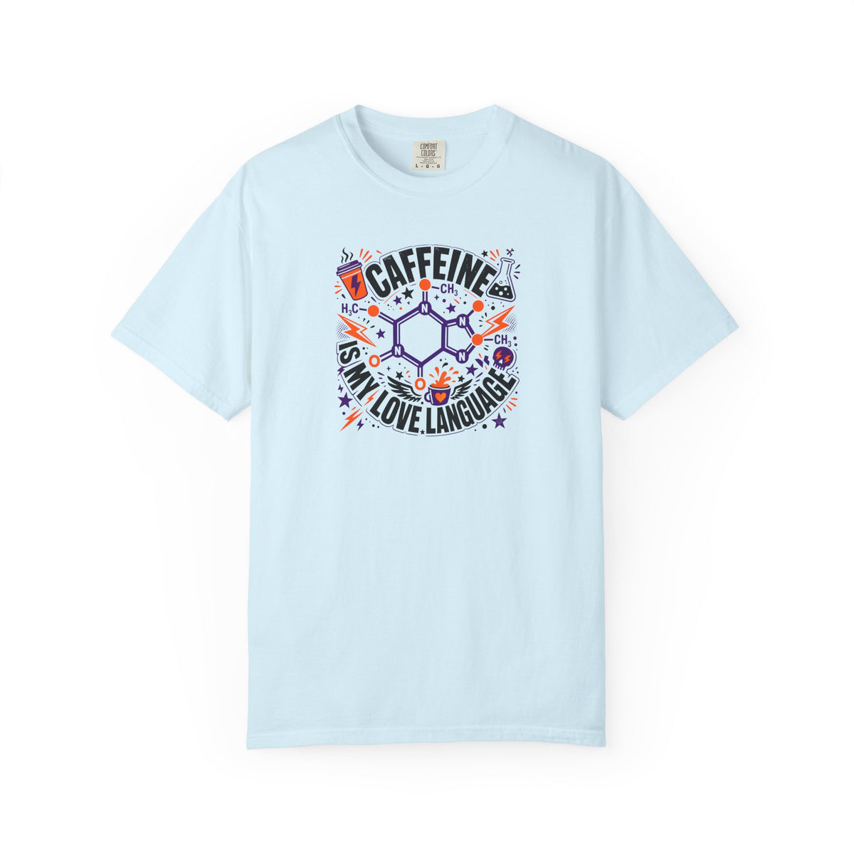 A light blue short-sleeve crewneck t-shirt featuring a colorful graphic print on the front with a chemical structure, the word 'CAFFEINE', and the phrase 'IS MY LOVE LANGUAGE' in stylized lettering.