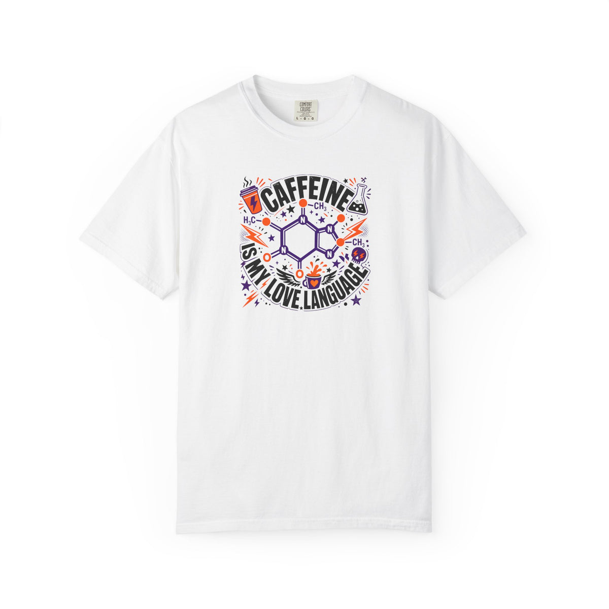 A white short-sleeve crewneck t-shirt featuring a colorful graphic print on the front. The graphic displays a chemical structure surrounded by the text 'CAFFEINE IS MY LOVE LANGUAGE' in black, accented with purple, orange, and blue doodles.
