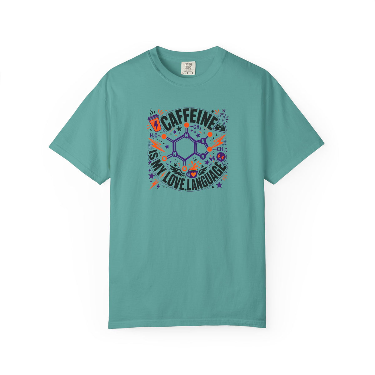 A sea blue short-sleeve crewneck t-shirt featuring a colorful graphic print on the front. The graphic displays a chemical structure surrounded by the text 'CAFFEINE IS MY LOVE LANGUAGE' in black, accented with purple, orange, and blue doodles.