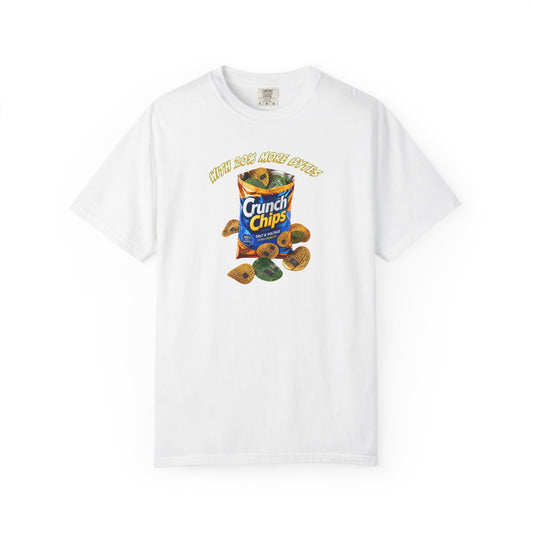 A white short-sleeve crewneck t-shirt featuring a colorful graphic print of a bag of Crunch Chips with the text 'with 20% more bytes' above it, displayed on a clean white background.