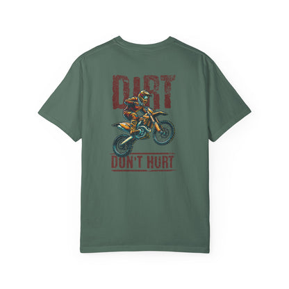 A green short-sleeve t-shirt with a graphic print of a motocross rider on a dirt bike and the words 'DIRT DON'T HURT' in distressed red lettering, shown against a plain white background.