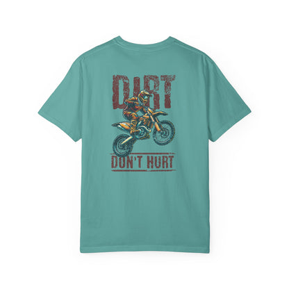 A seafoam blue short-sleeve t-shirt with a graphic print of a motocross rider on a dirt bike and the words 'DIRT DON'T HURT' in distressed red lettering, shown against a plain white background.