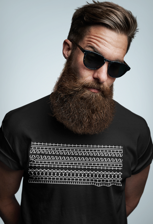 man wearing a black t-shirt with a fuck this shit patern on it