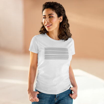 Woman wearing a white t-shirt with green text and a graphic on a beige background
