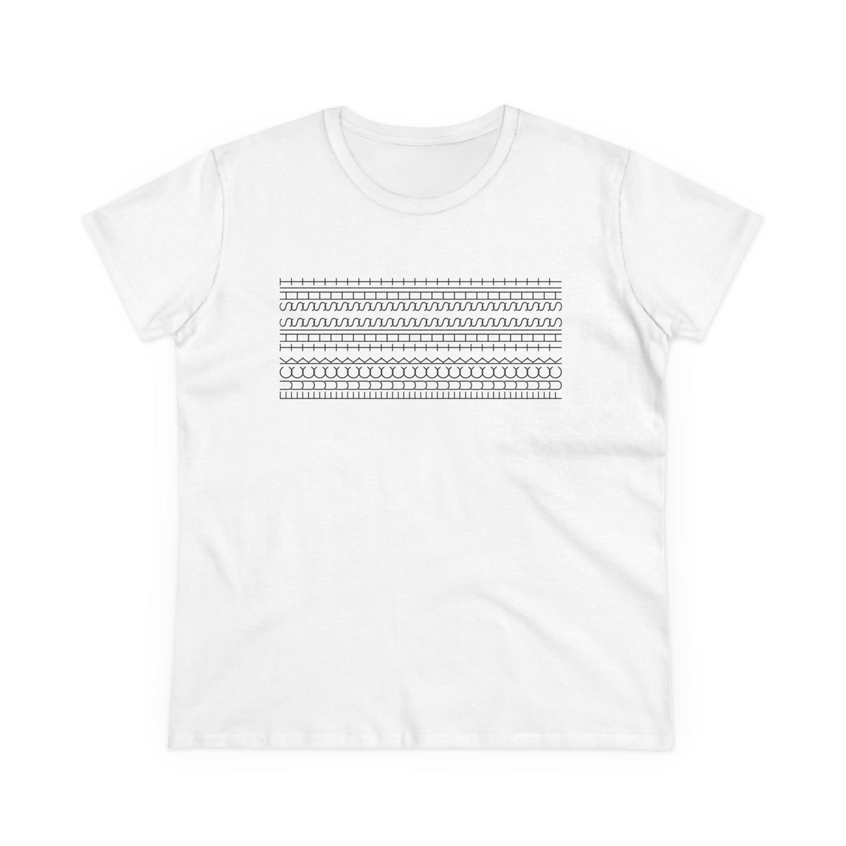 A white short-sleeve crewneck t-shirt featuring a black horizontal graphic print of geometric patterns across the chest, displayed on a clean white background.