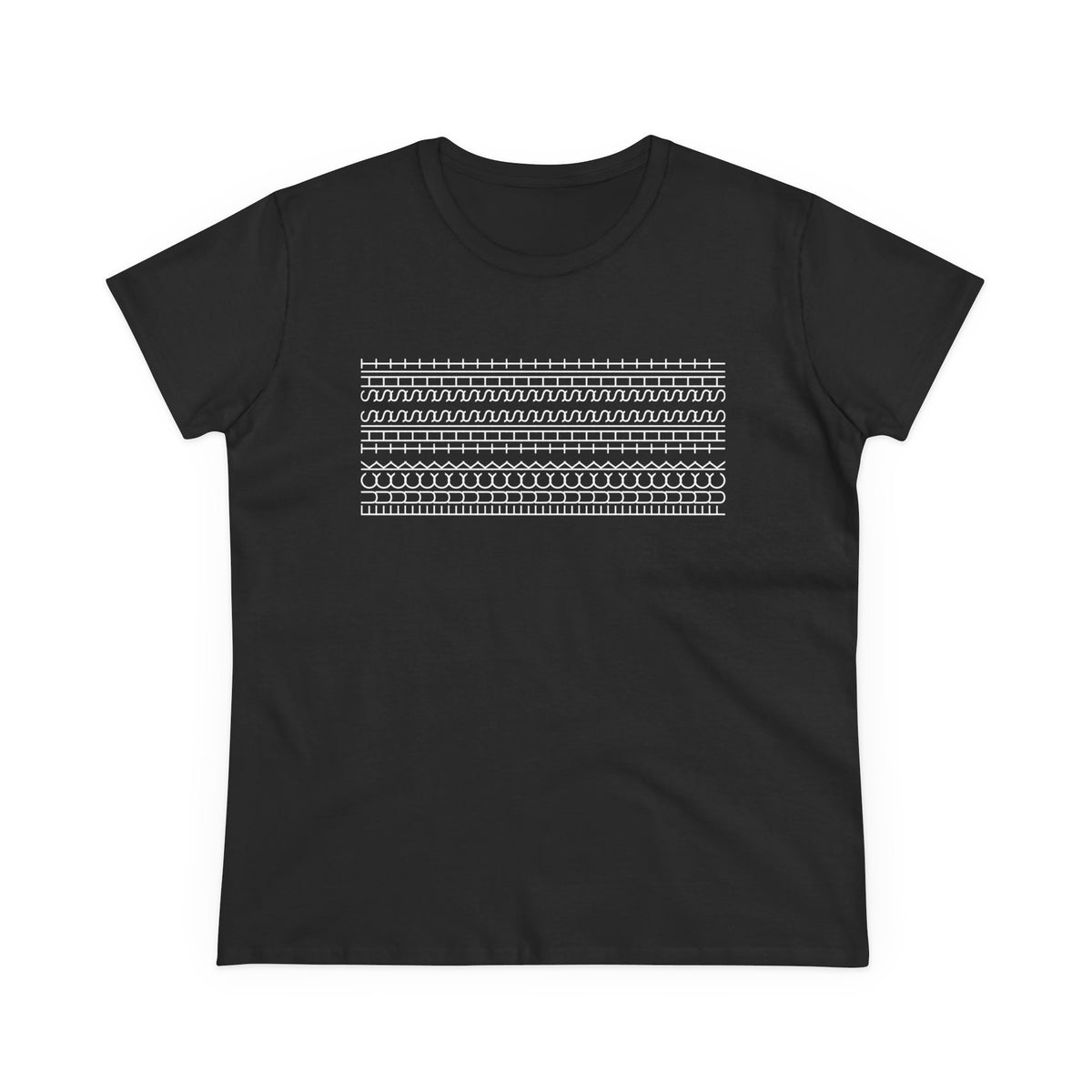 A black short-sleeve crewneck t-shirt with a white horizontal geometric pattern printed across the chest, displayed on a solid white background.
