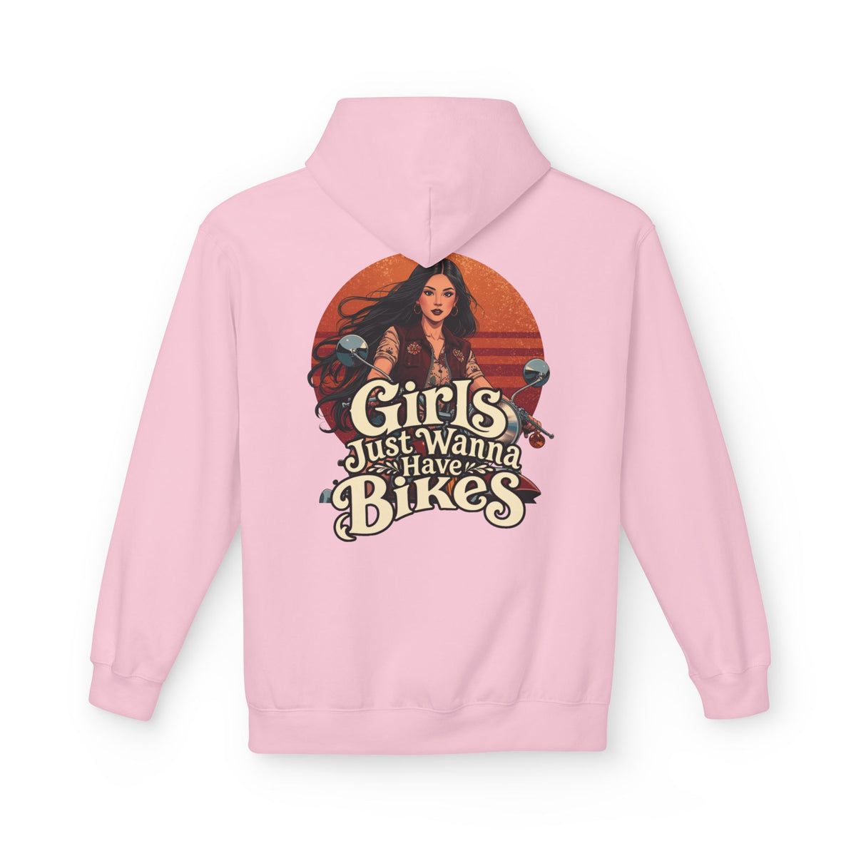 A light pink pullover hoodie shown from the back, featuring a large graphic print with the text 'Girls Just Wanna Have Bikes' and an illustration of a woman against an orange circular sunset.