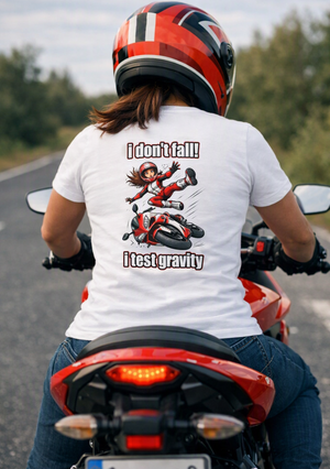 A person wearing a red and black motorcycle helmet and a white graphic t-shirt is shown from behind while sitting on a red motorcycle on a road. The back of the t-shirt features a cartoon illustration of a woman falling off a motorcycle with the text 'i don't fall! i test gravity'.