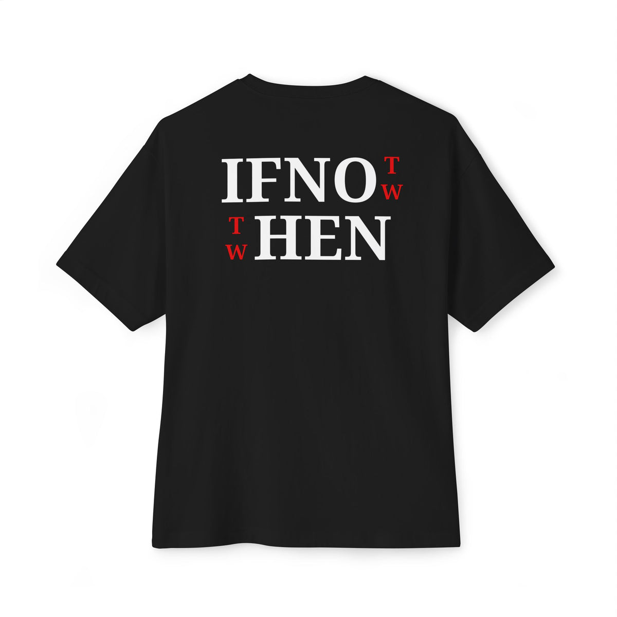 A black short-sleeve t-shirt shown from the back, featuring the text 'IF NOT NOW THEN WHEN' printed in black