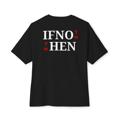 A black short-sleeve t-shirt shown from the back, featuring the text 'IF NOT NOW THEN WHEN' printed in black