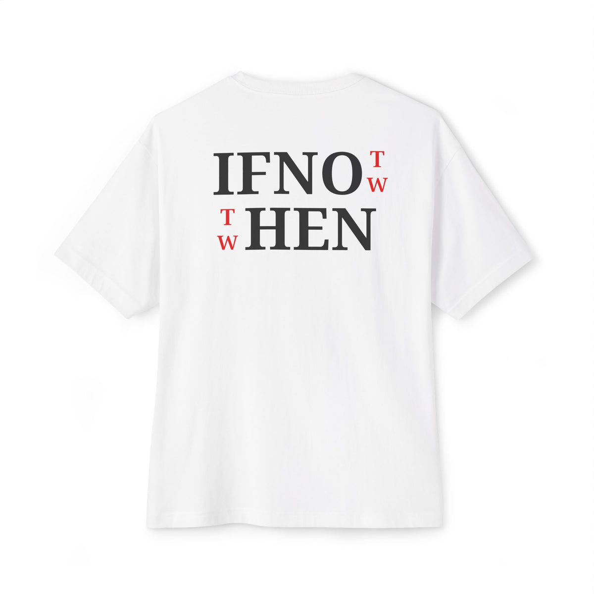 A white short-sleeve t-shirt shown from the back, featuring the text 'IF NOT NOW THEN WHEN' printed in black
