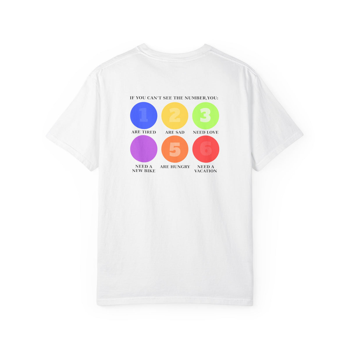 A white short-sleeve t-shirt with a colorful graphic on the back. The graphic features six colored circles (blue, yellow, green, purple, orange, red) numbered 1 through 6, with text reading 'IF YOU CAN'T SEE THE NUMBER, YOU: 1 Are Tired 2 Are sad 3 Need Love 4 Need a new bike 5 Are hungry 6 Need a vacation'