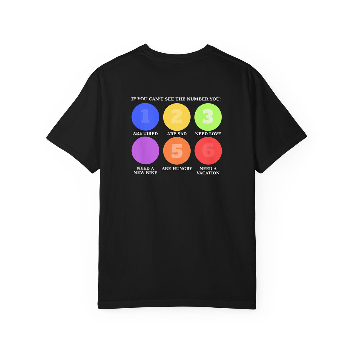 A black short-sleeve t-shirt with a colorful graphic on the back. The graphic features six colored circles (blue, yellow, green, purple, orange, red) numbered 1 through 6, with text reading 'IF YOU CAN'T SEE THE NUMBER, YOU: 1 Are Tired 2 Are sad 3 Need Love 4 Need a new bike 5 Are hungry 6 Need a vacation'