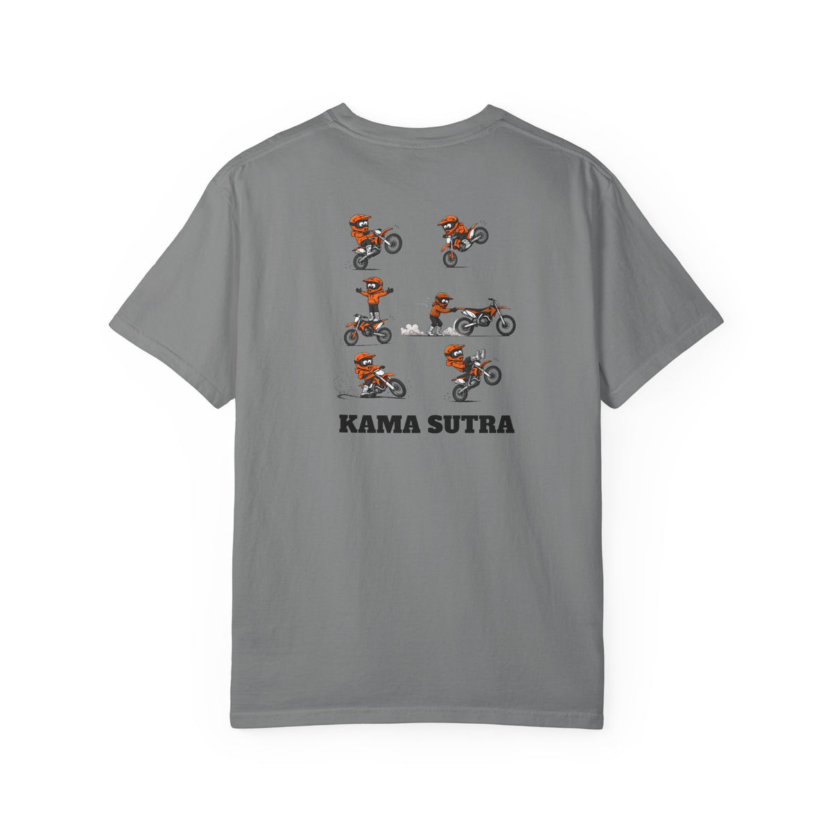 A gray short-sleeve t-shirt with a graphic print of a motocross rider in an orange and black outfit performing a wheelie, repeated six times, with the text 'KAMA SUTRA' printed below in black.