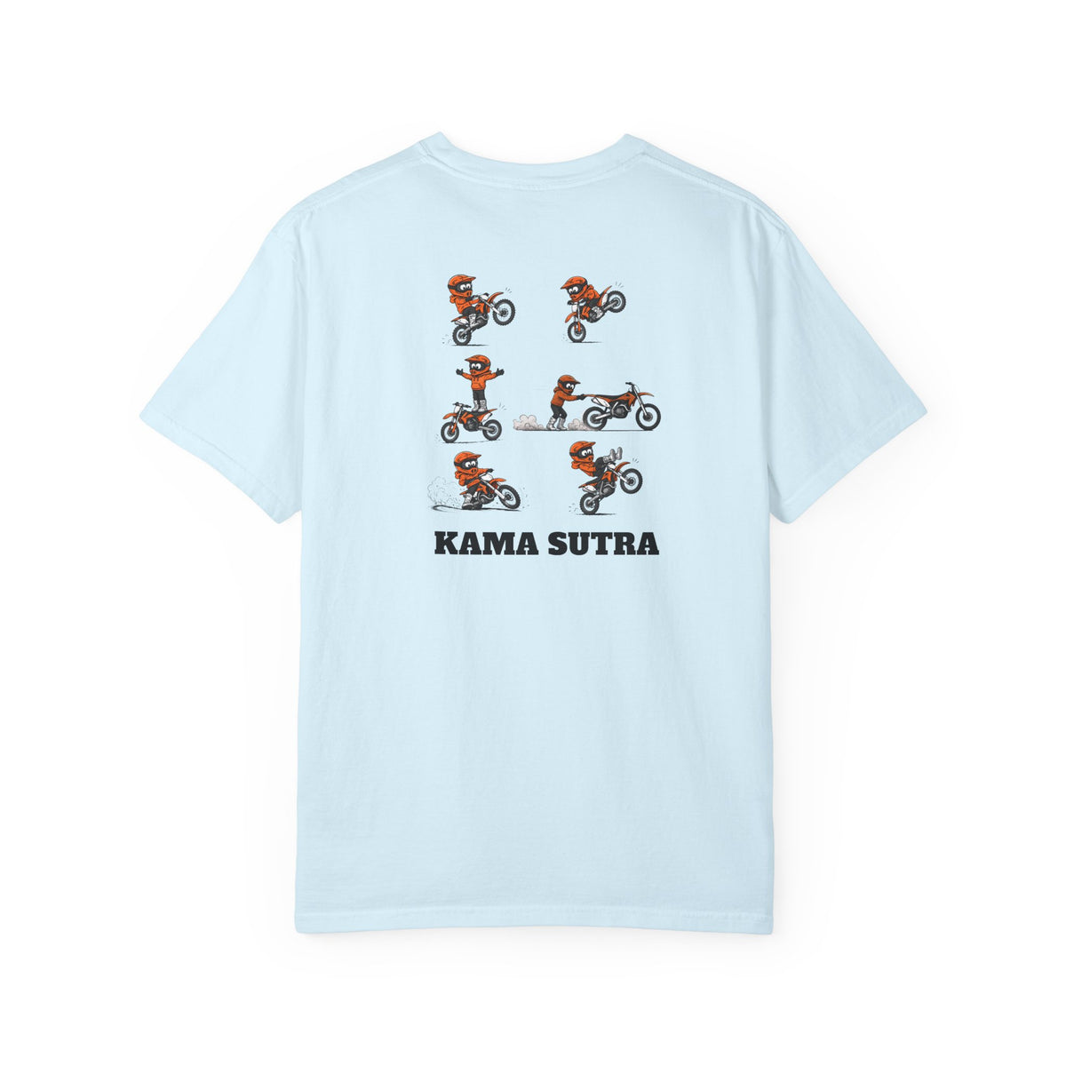 A light blue short-sleeve t-shirt shown flat against a white background, featuring a graphic of six cartoon motocross riders in orange and black with the text 'KAMA SUTRA' printed below.