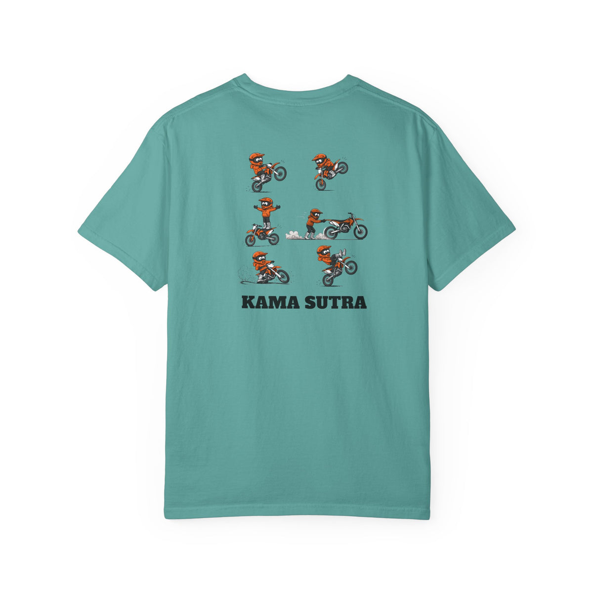 A teal short-sleeve t-shirt with a graphic print of a motocross rider in an orange and white KTM suit performing a jump, with the text 'KAMA SUTRA' printed below in black.