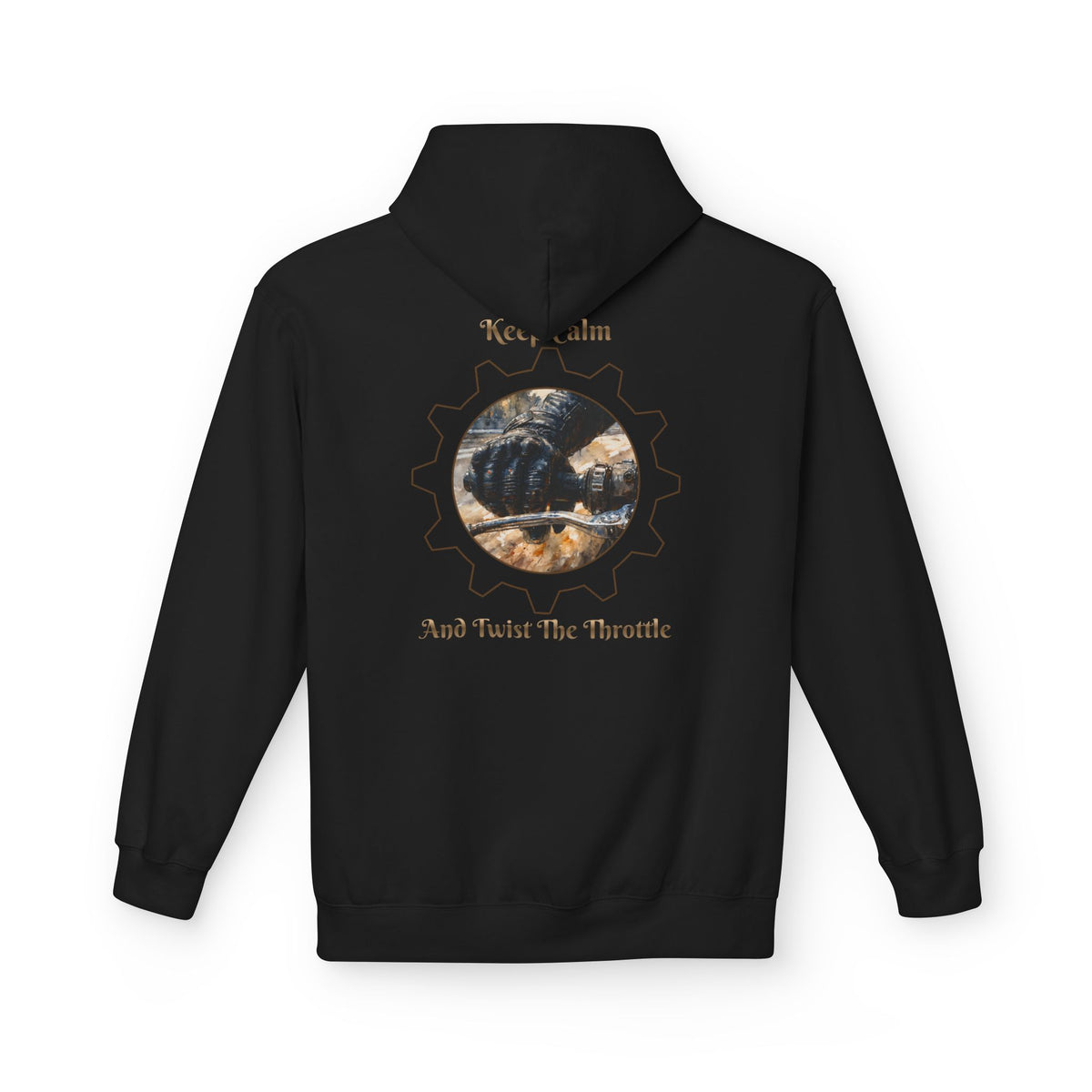 A black hoodie with a biker hand on the throttle design and the text "KEEP CALM AND TWIST THE THROTTLE" printed on the back