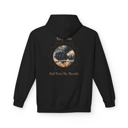 A black hoodie with a biker hand on the throttle design and the text "KEEP CALM AND TWIST THE THROTTLE" printed on the back