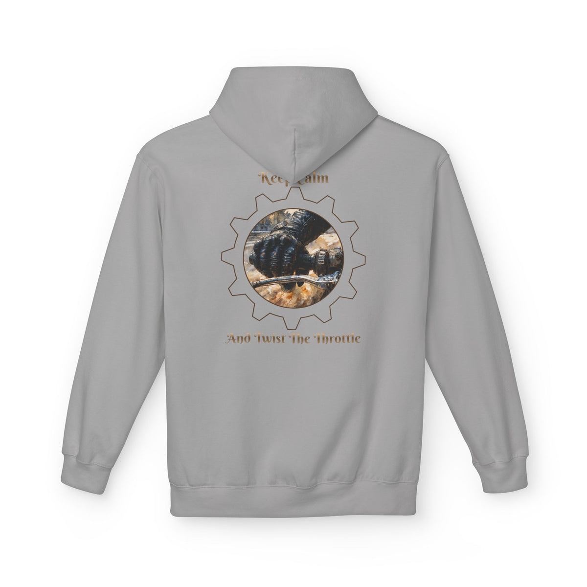 A gray hoodie with a biker hand on the throttle design and the text "KEEP CALM AND TWIST THE THROTTLE" printed on the back