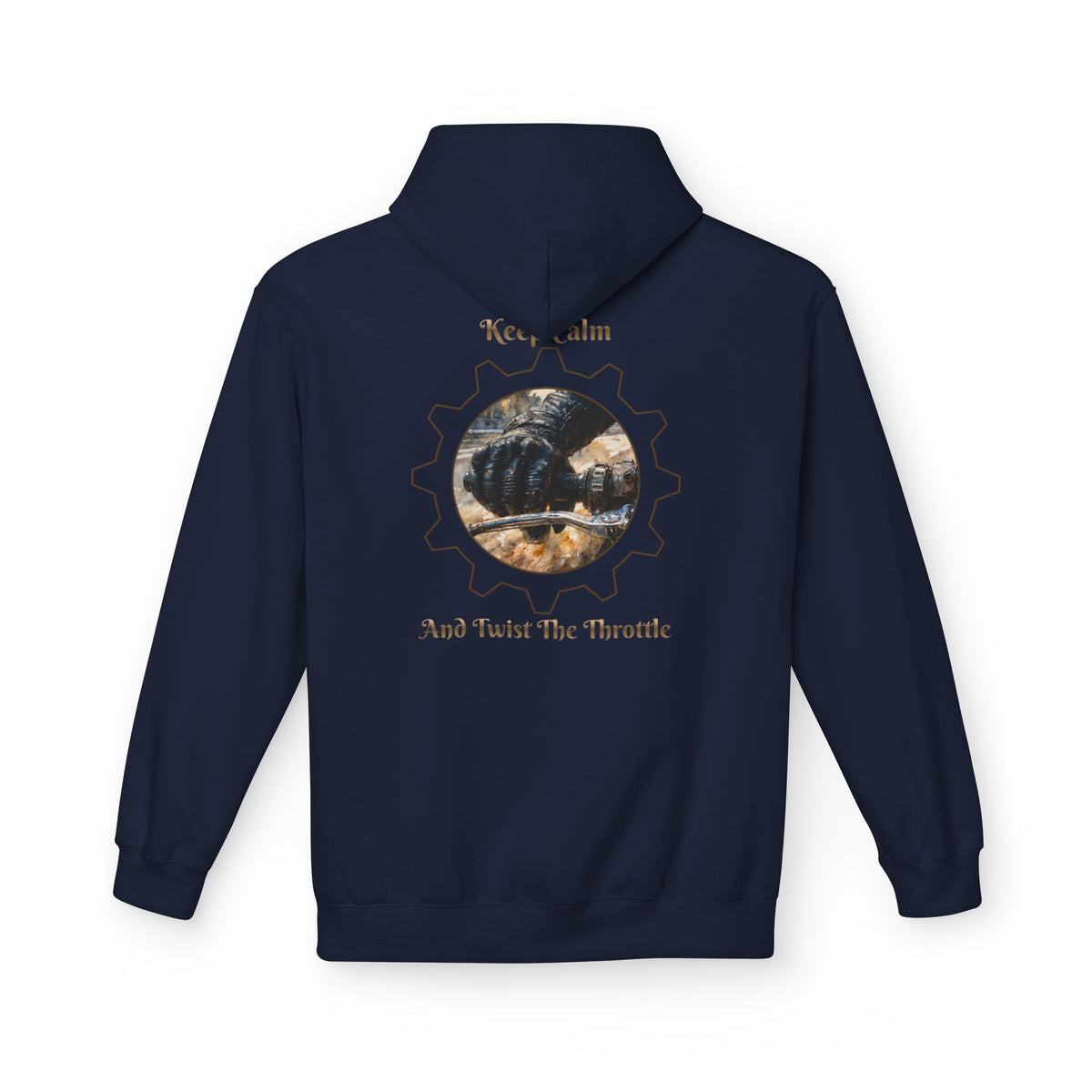 A navy blue hoodie with a biker hand on the throttle design and the text "KEEP CALM AND TWIST THE THROTTLE" printed on the back