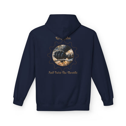 A navy blue hoodie with a biker hand on the throttle design and the text "KEEP CALM AND TWIST THE THROTTLE" printed on the back