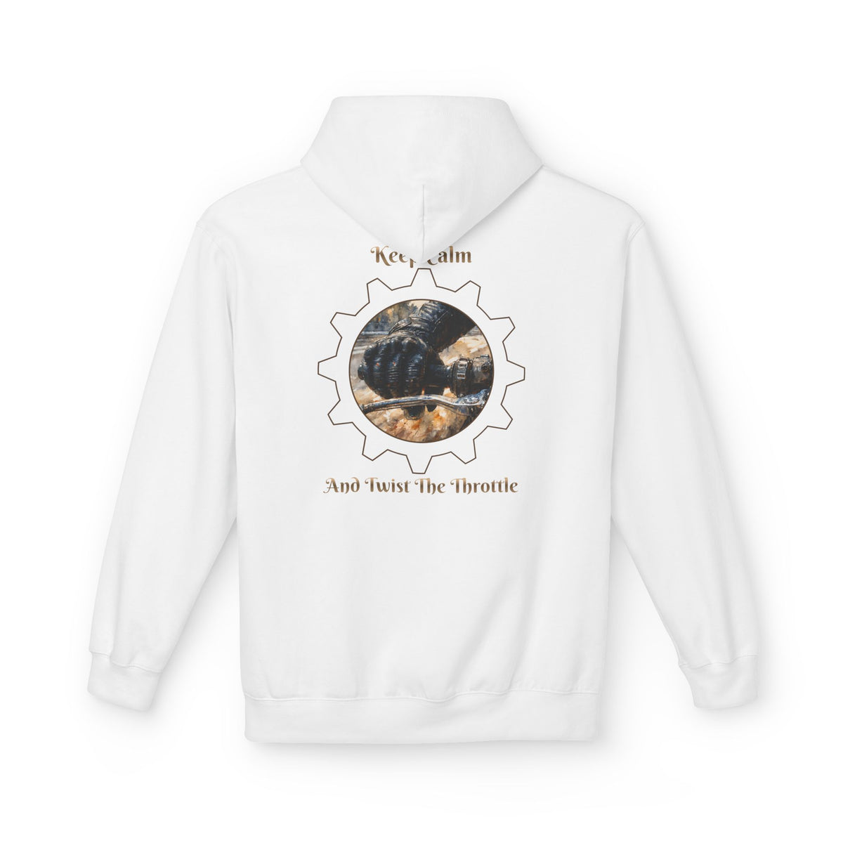 A white pullover hoodie shown from the back, featuring a circular gear graphic with a motorcycle inside and the text 'Keep calm' above and 'And twist the throttle' below in brown.