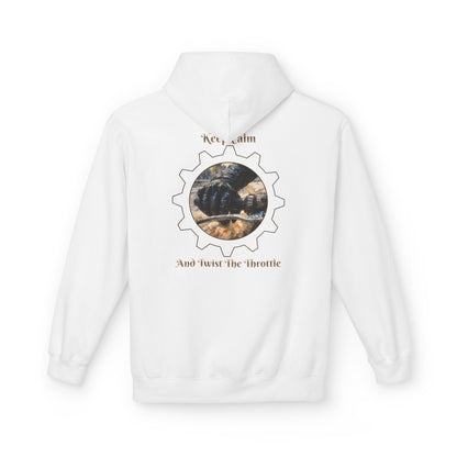 A white pullover hoodie shown from the back, featuring a circular gear graphic with a motorcycle inside and the text 'Keep calm' above and 'And twist the throttle' below in brown.