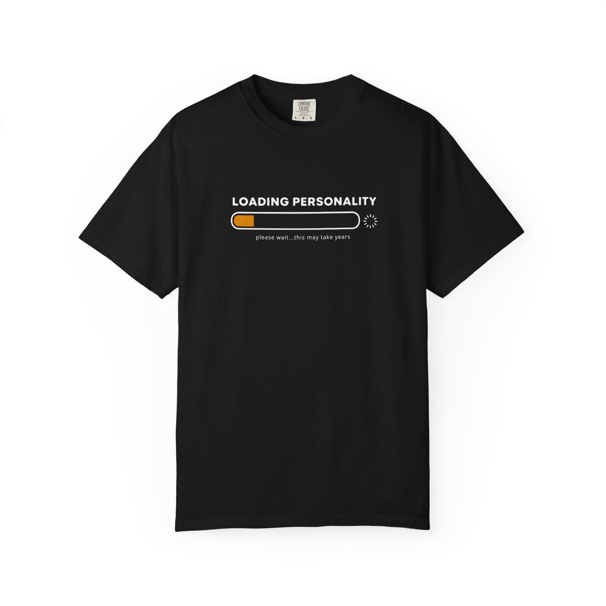 A black short-sleeve crewneck t-shirt featuring a graphic of a loading bar with the text 'LOADING PERSONALITY' and 'please wait.