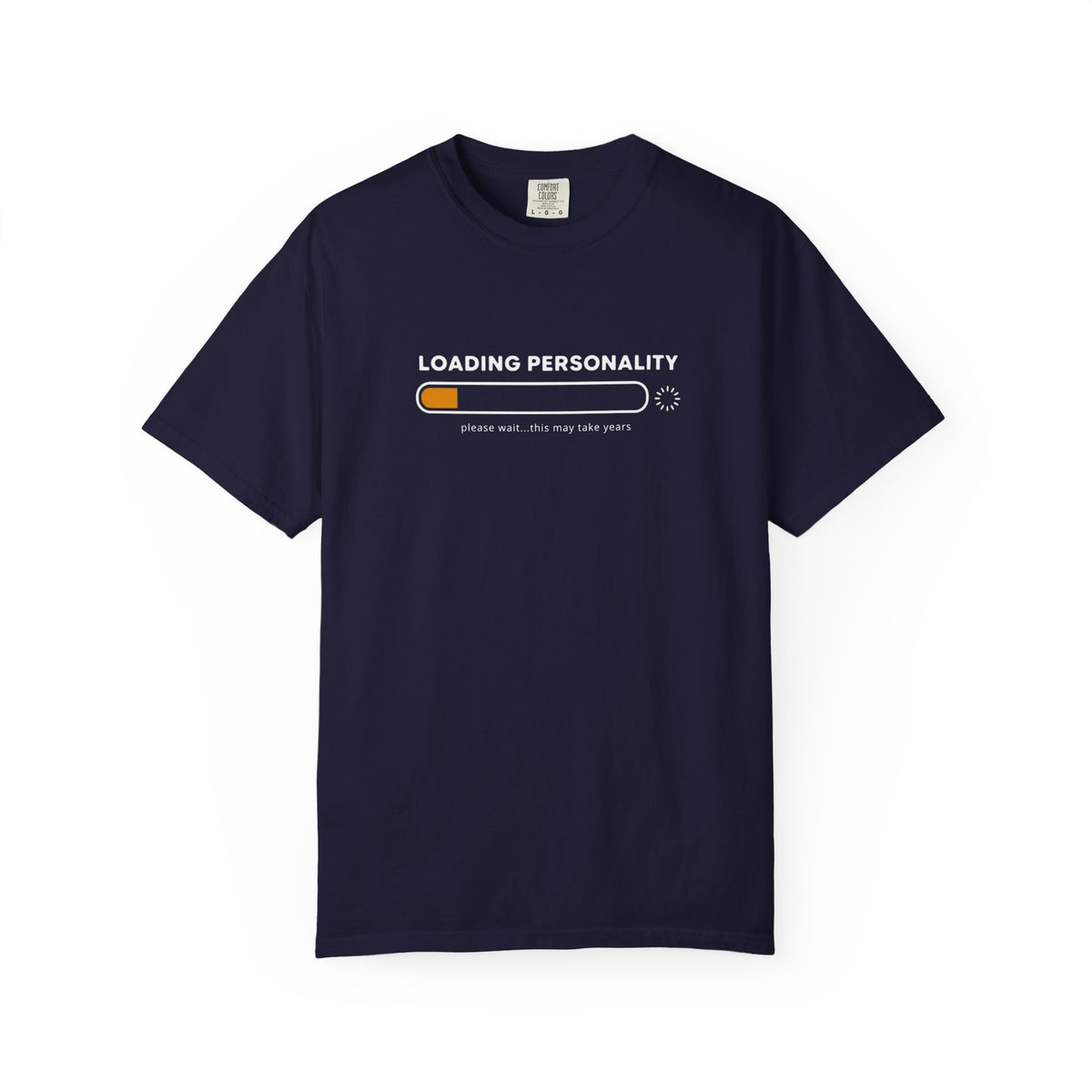 A navy blue short-sleeve crewneck t-shirt with a graphic on the chest that reads 'LOADING PERSONALITY' above a progress bar with an orange filled segment and the text 'please wait'.