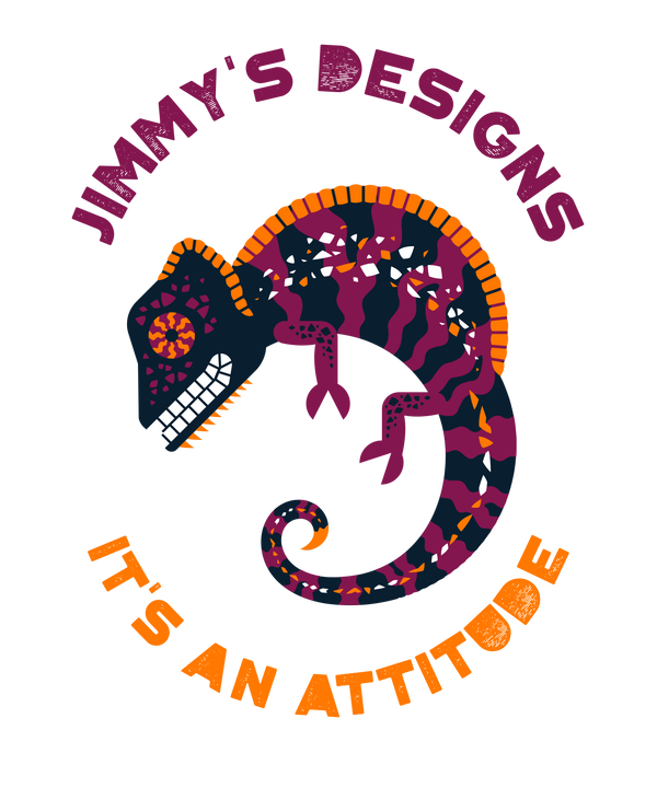 Colorful chameleon design with 'Jimmy's Designs' text on a white background