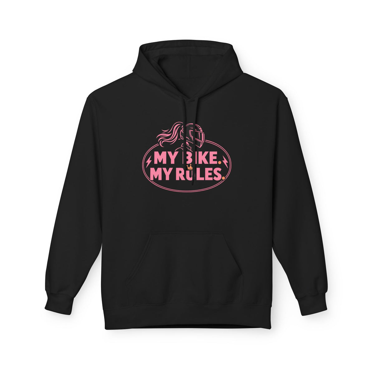 A black pullover hoodie with a pink graphic on the chest featuring a stylized woman riding a bicycle inside an oval, with the text 'MY BIKE. MY RULES.