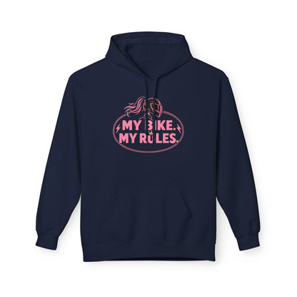 A navy blue pullover hoodie with a pink and white graphic on the chest featuring a woman on a bicycle and the text 'MY BIKE. MY RULES.