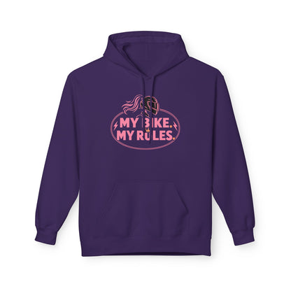A PURPLE pullover hoodie with a PINK graphic on the chest that reads 'MY BIKE MY RULES"