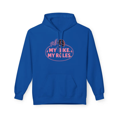 A royal blue pullover hoodie with a front graphic that reads 'MY BIKE. MY RULES.
