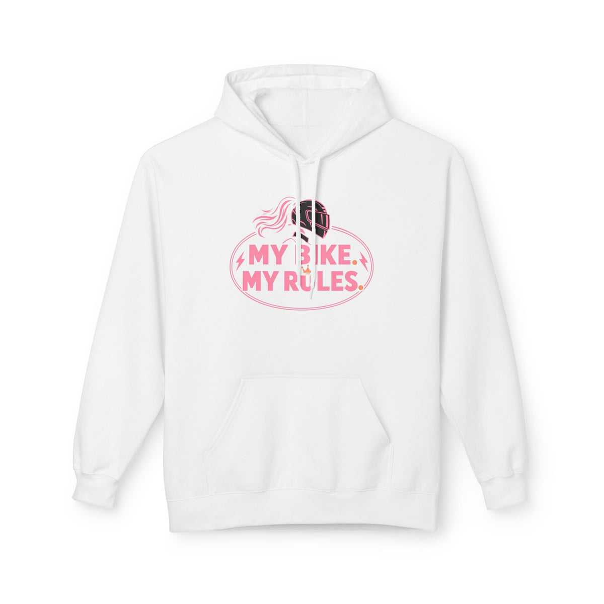 A white pullover hoodie with a pink graphic on the chest featuring a cartoon woman with a bicycle and the text 'MY BIKE. MY RULES.