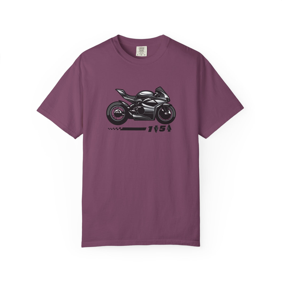 A berry t-shirt with a motrcycle graphic and the one down five up quote printed on the front
