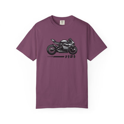 A berry t-shirt with a motrcycle graphic and the one down five up quote printed on the front