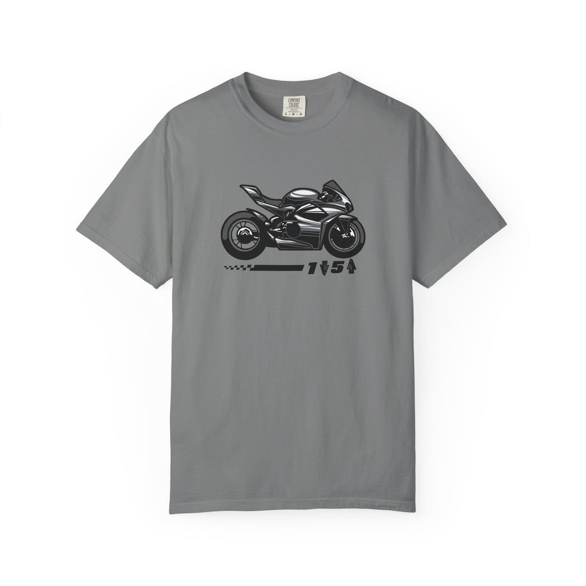A gray t-shirt with a motrcycle graphic and the one down five up quote printed on the front